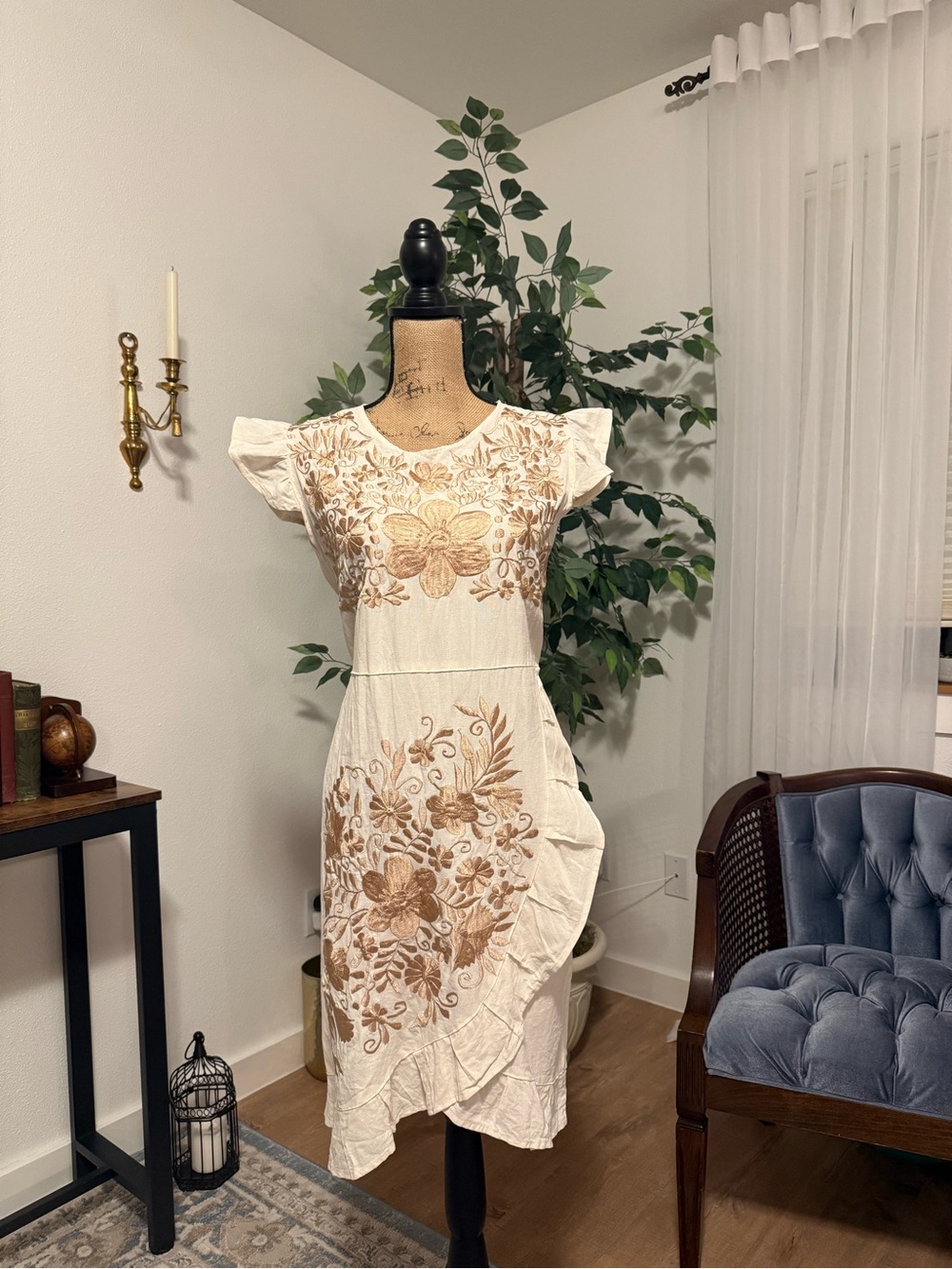 Mexican handmade embroidered cotton dress, size M